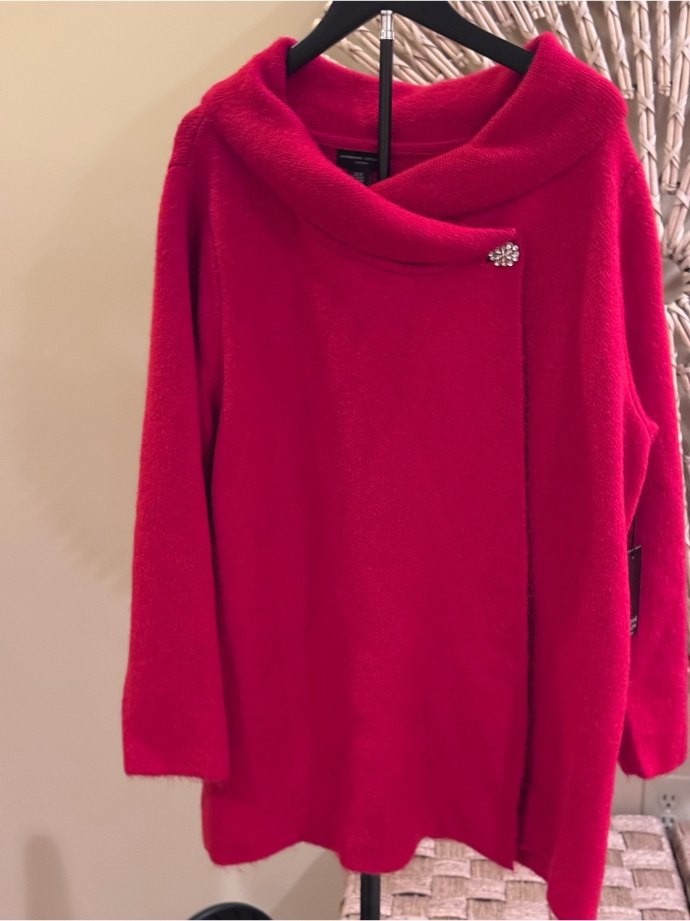 Single-button wrap cardigan sweater jacket in a vibrant red color